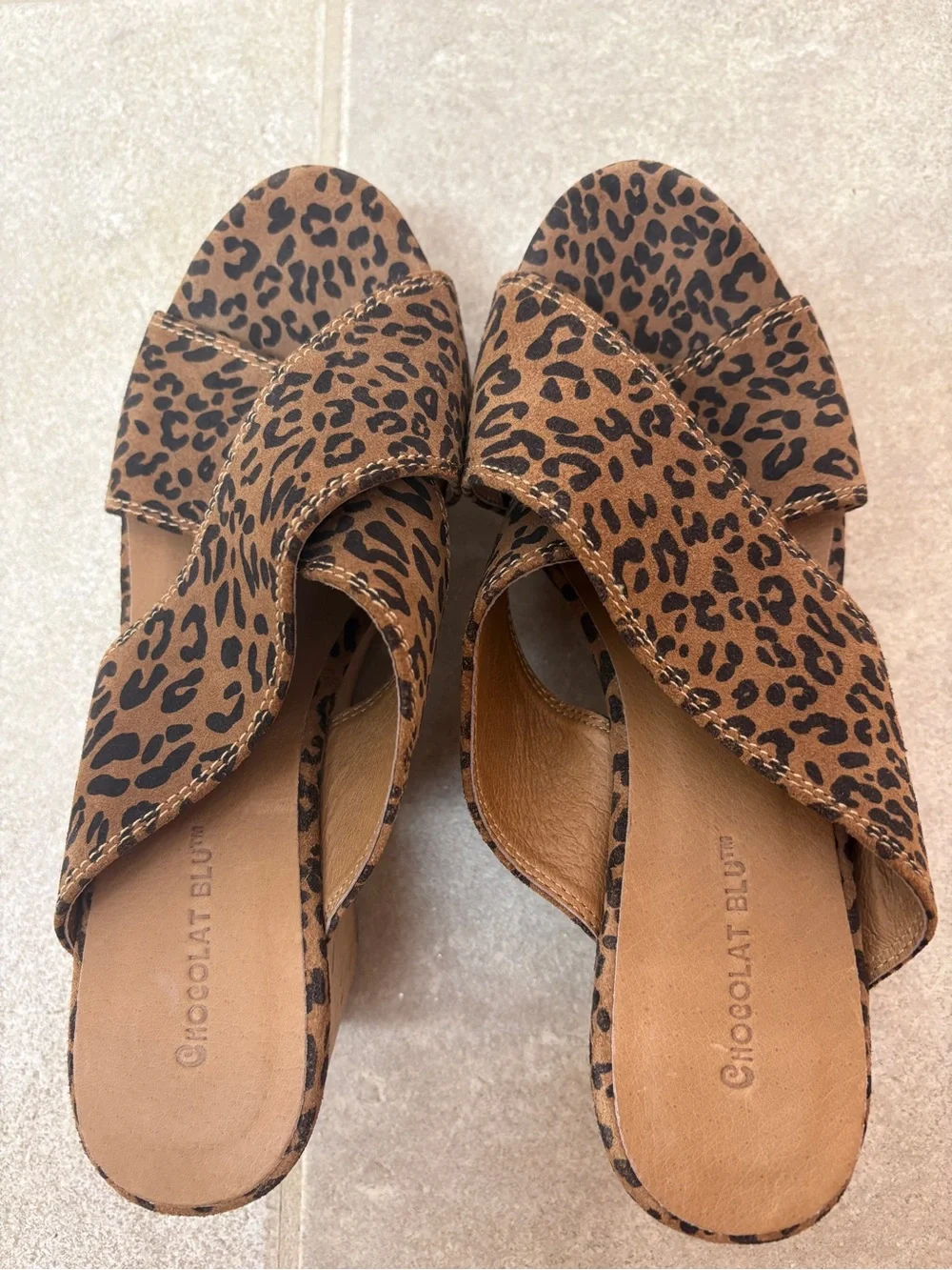 Chocolat Blu Leopard Print Slide Platform Wedge Sandal Size 7.5 US Casual Boho